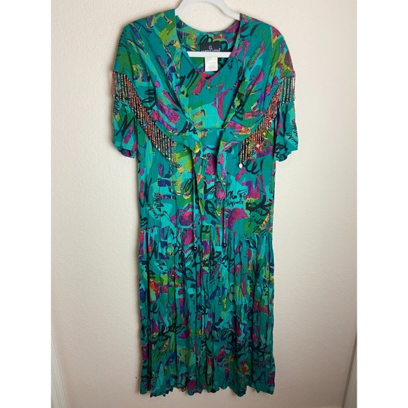 Carole Little Dresses & Skirts - Vintage Carol Little Womens Peasant Style Dress Printed Green Size 4 Beaded